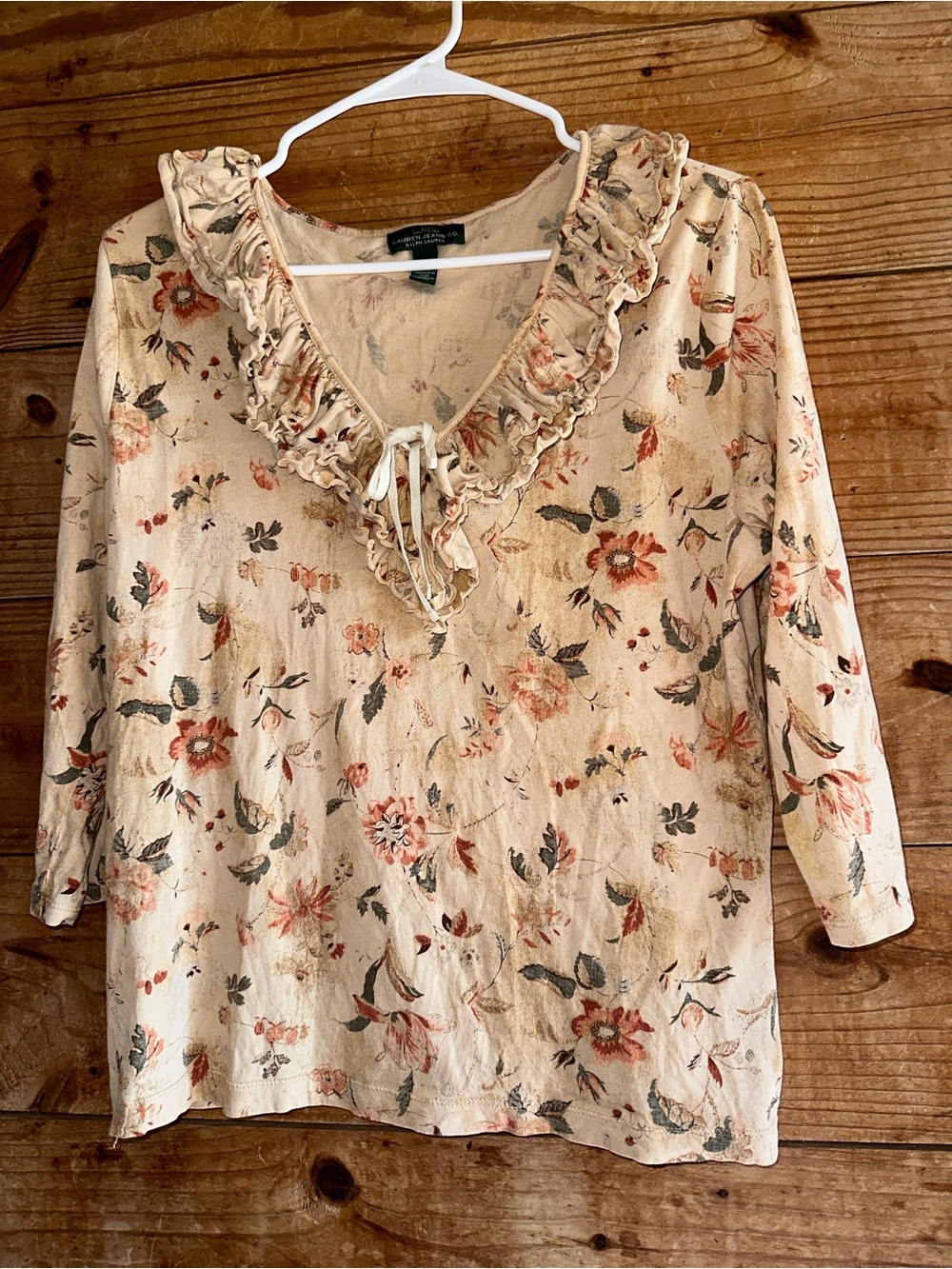 Lauren Ralph Lauren Floral Ruffle V-Neck Top - Cream with Coral Flowers